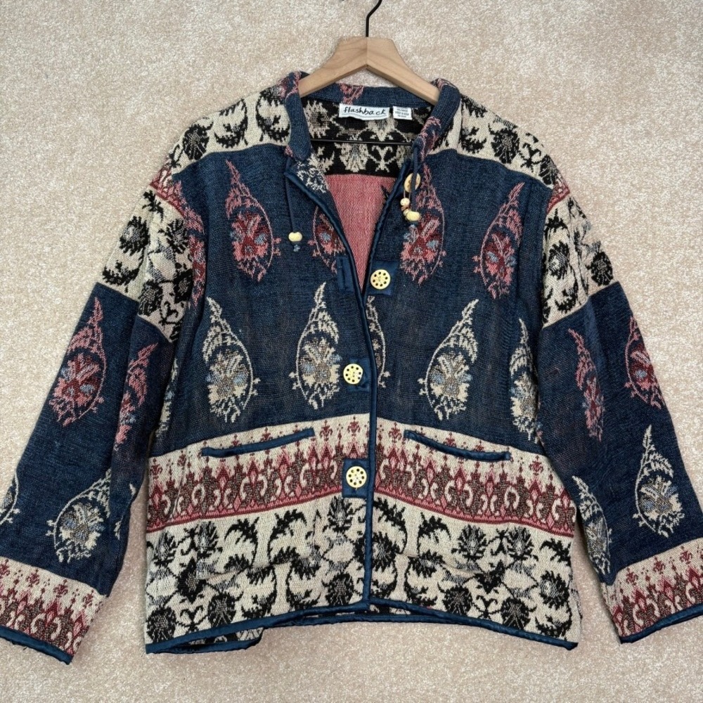 FLASHBACK Tapestry Jacket Women's Large Blue Paisley Vintage Boho‎ Button Up